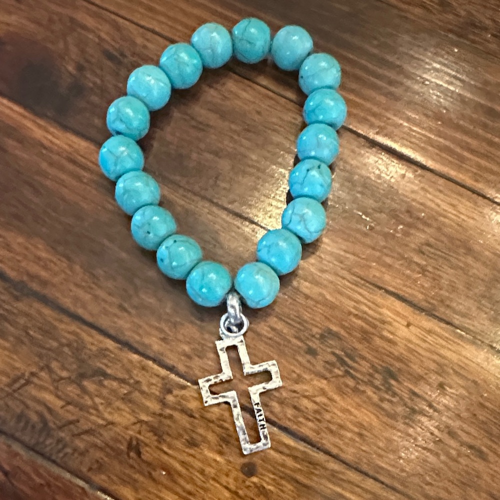 Blue Beaded Bracelet with Silver Cross Pendant